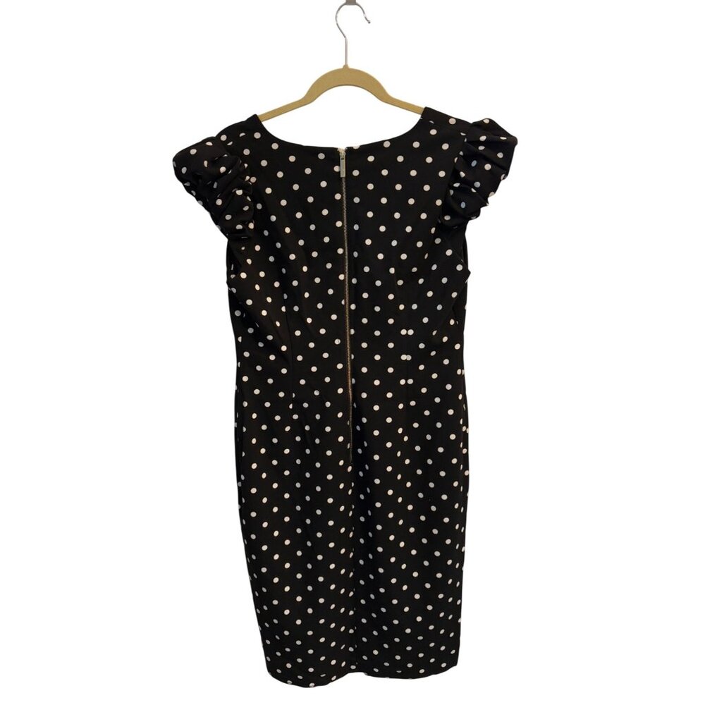 Calvin Klein Womens Black White Polka Dot Dress Size 12 Ruffle Cap Sleeves Zips - Picture 3 of 6